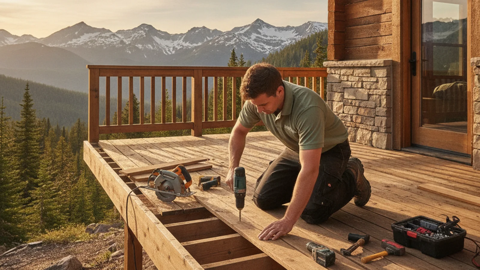Handyman repairing a wood deck on an Alpine property