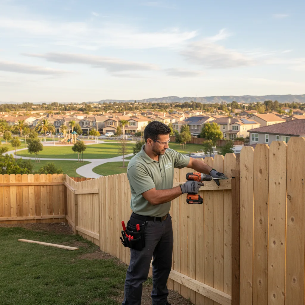 A handyman repairing a backyard fence at an Eastlake Chula Vista home with a master-planned neighborhood visible in the background