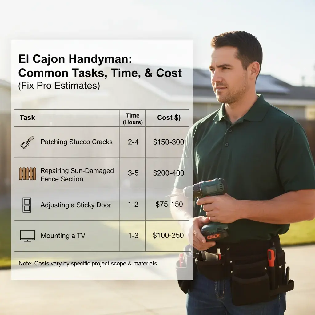 Infographic showing common El Cajon home repair categories and the average time and cost for Fix Pro to complete them, highlighting efficiency.