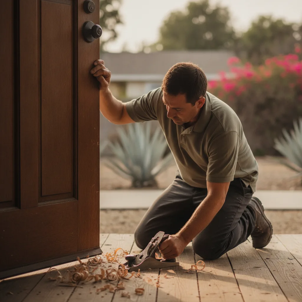Un manitas uniformado cepillando el borde de una puerta de madera que se atasca en el porche frontal de una casa craftsman más vieja en Escondido en una tarde cálida.