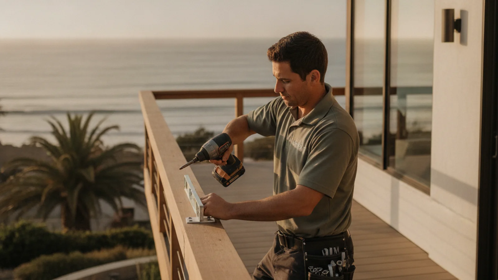 Handyman installing corrosion-resistant hardware on a La Jolla coastal home