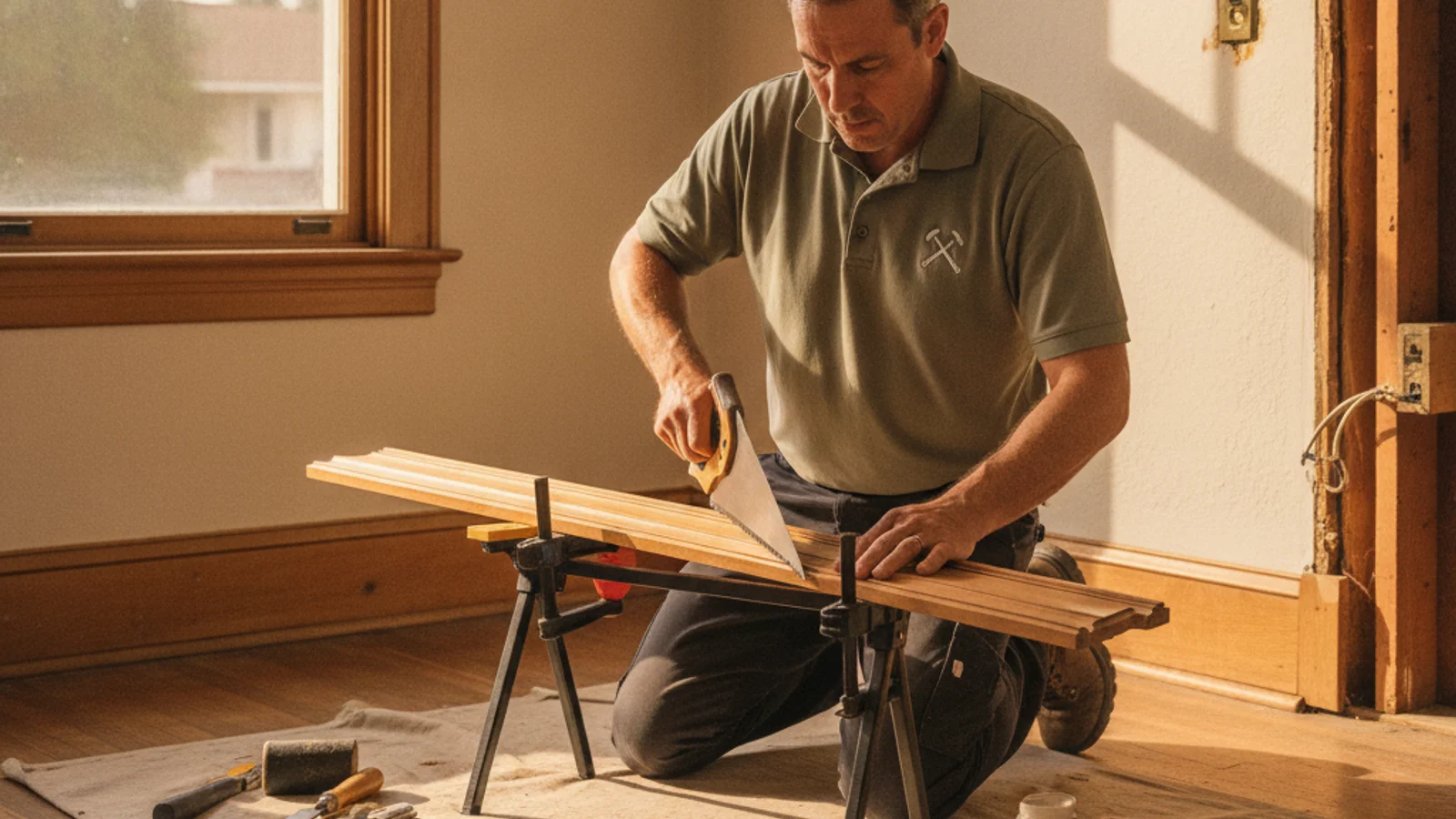 Handyman repairing original wood trim on a historic National City bungalow