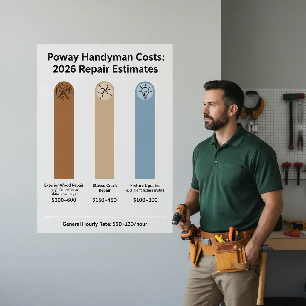 Infographic showing 2026 handyman cost ranges for common repairs in Poway, including typical hourly rates and project-based estimates for exterior wood repair, stucco crack repair, and fixture updates.