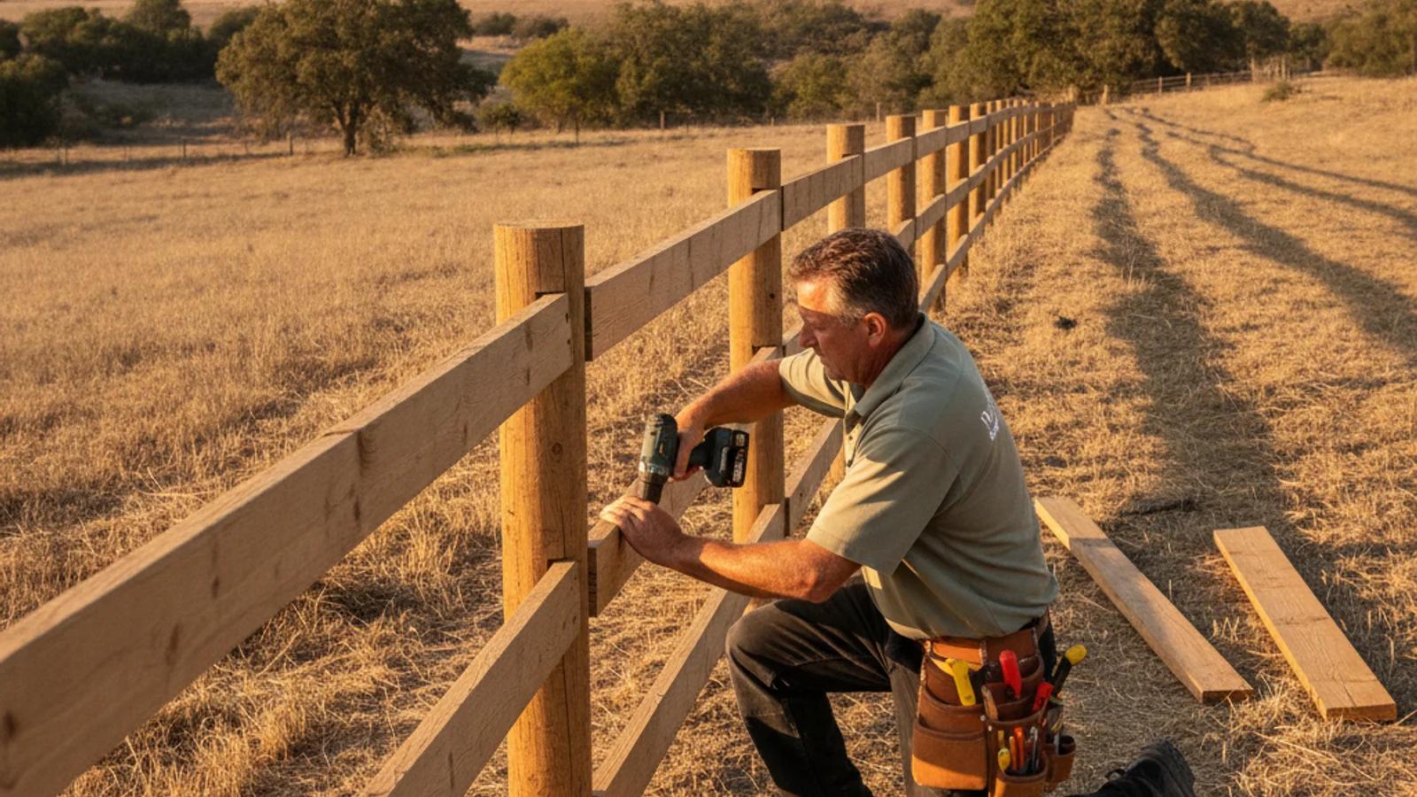 Handyman repairing a fence line on a rural Ramona property
