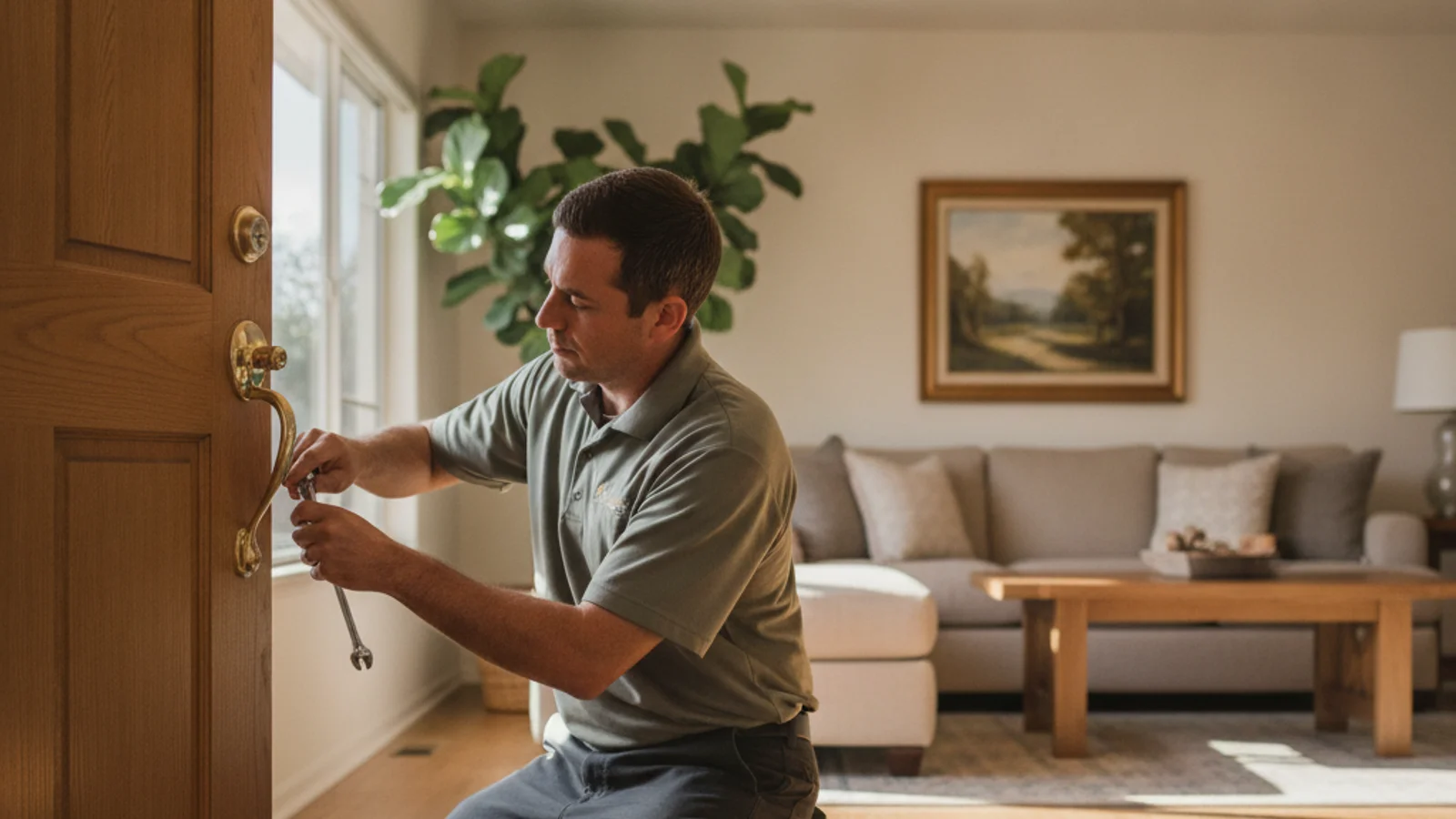 Handyman repairing a door lever handle in a Rancho Bernardo home