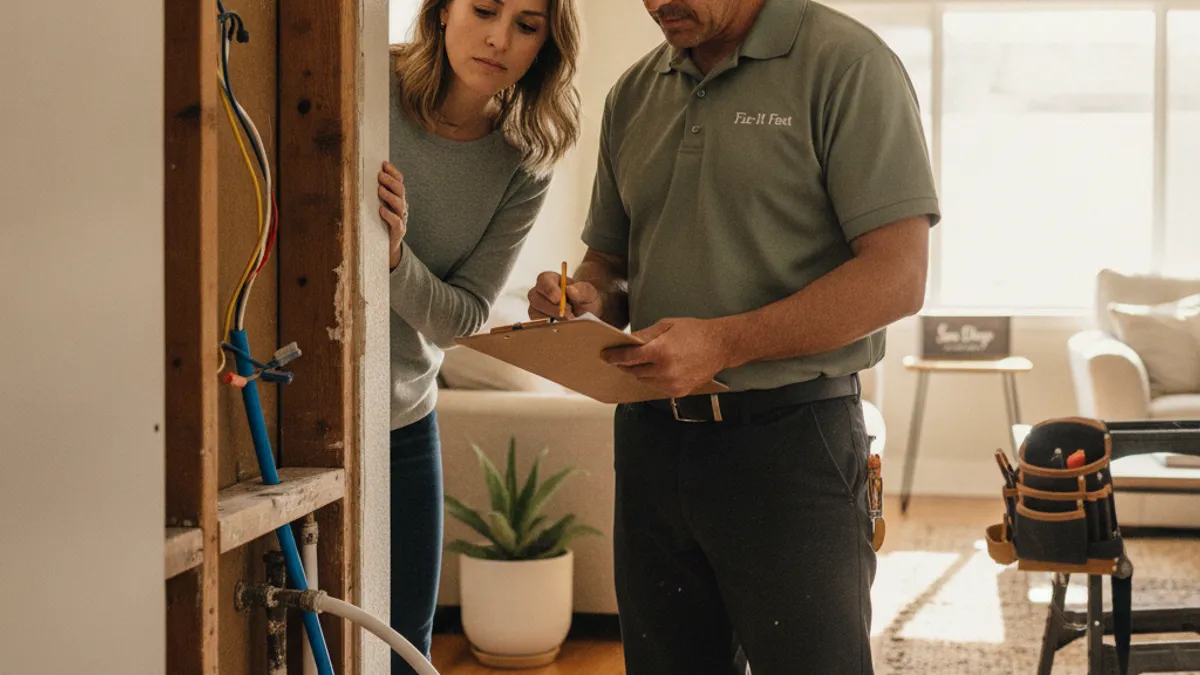 A handyman reviewing a written repair estimate with a homeowner in a San Diego home