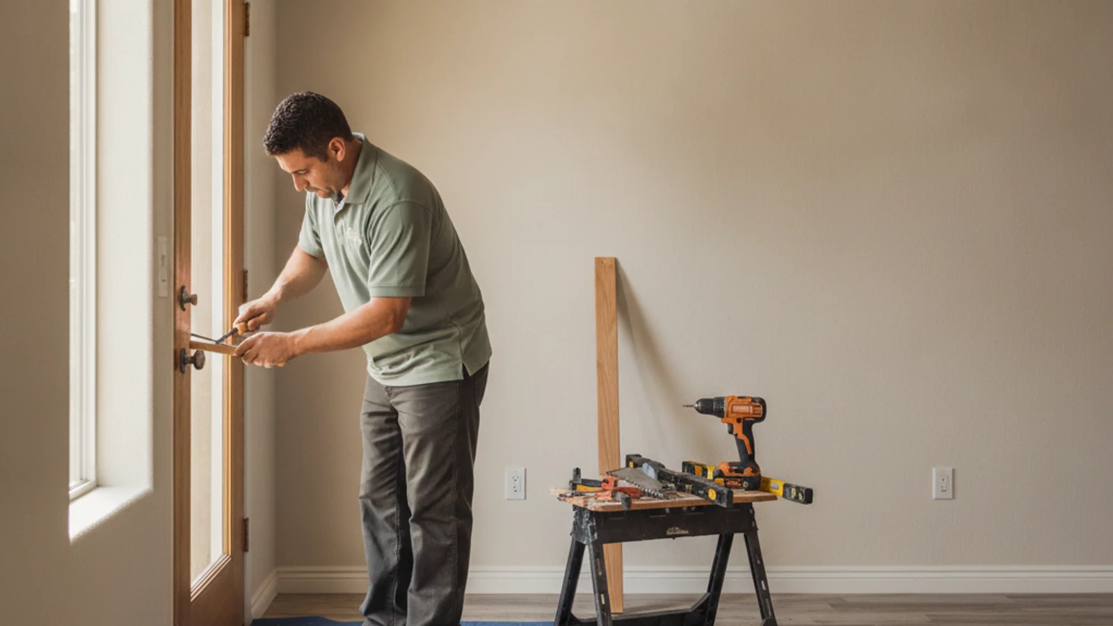 Handyman repairing a door frame in a Santee, California home