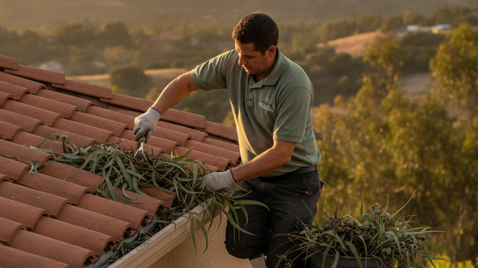 Handyman clearing eucalyptus debris from a gutter in Scripps Ranch