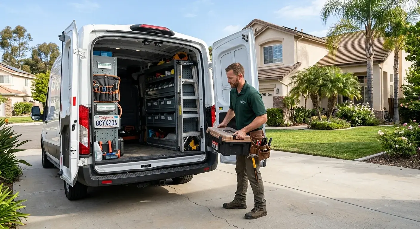 A handyman loading a tidy work van outside a San Marcos home on a sunny morning.