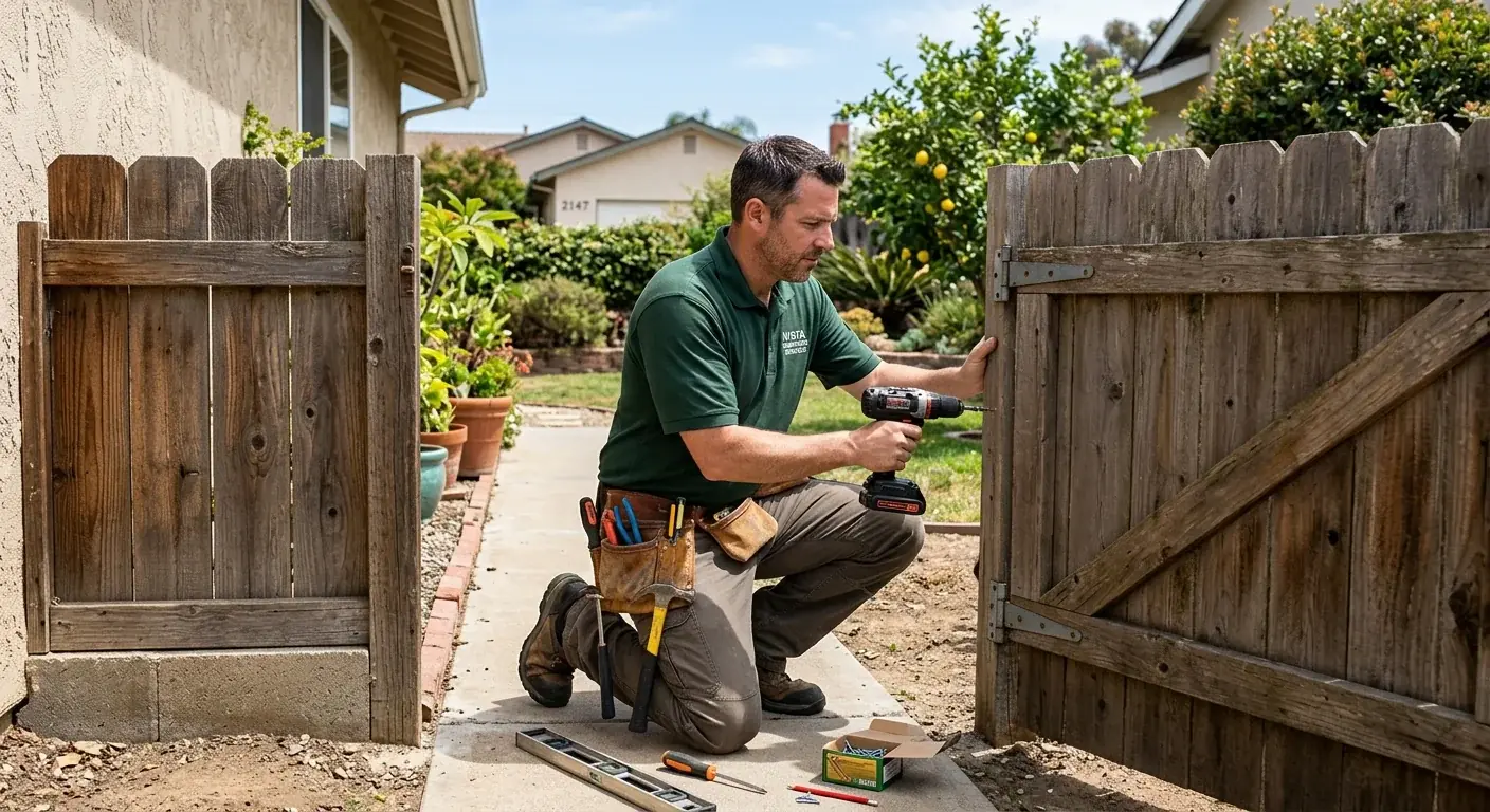 A handyman repairing a backyard fence gate at a Vista home.