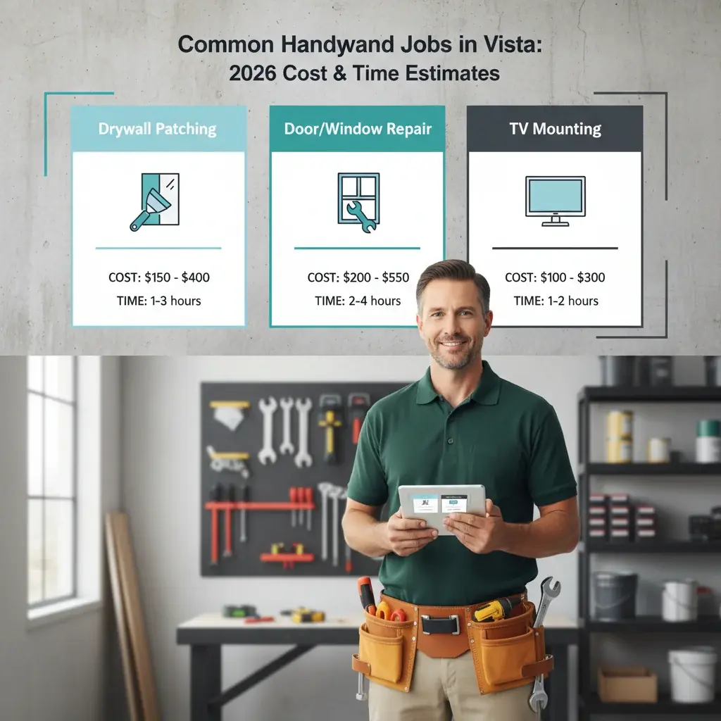 Infographic showing typical costs and timeframes for common handyman jobs in Vista, CA for 2026.