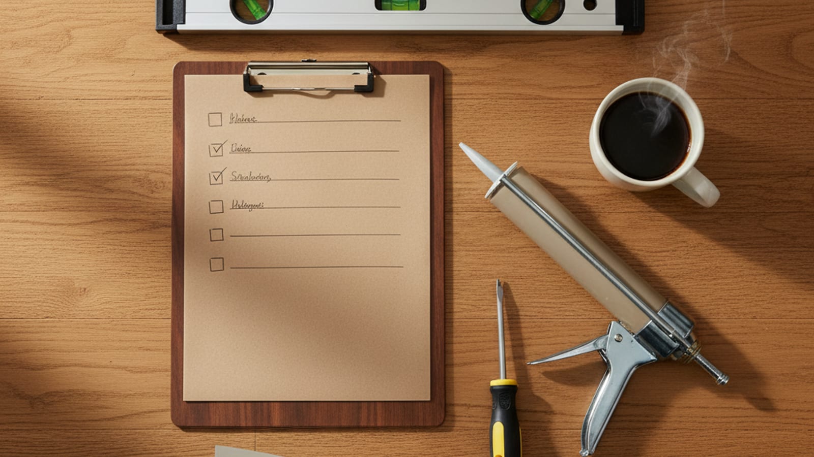 Overhead flat-lay of home maintenance tools — caulk gun, screwdriver, level, putty knife — arranged on a worn wood workbench with a paper checklist