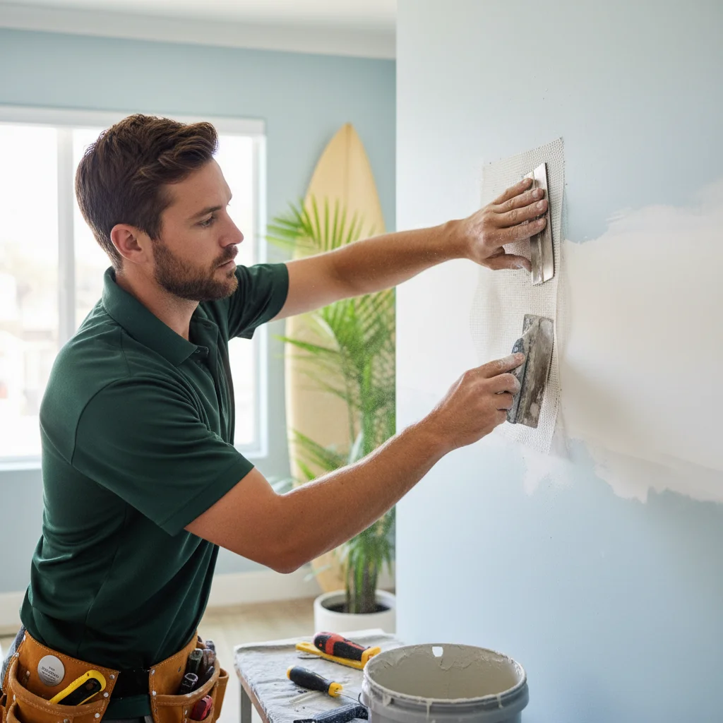Hands holding a drywall patch kit in front of a 4-inch hole in a beige wall.