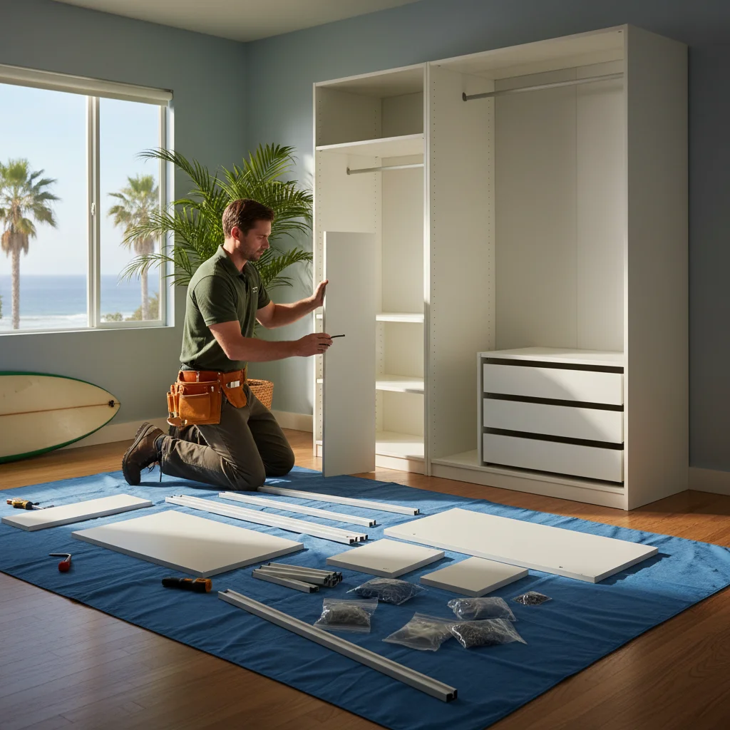 A handyman assembling an IKEA PAX wardrobe in a sunny San Diego bedroom.