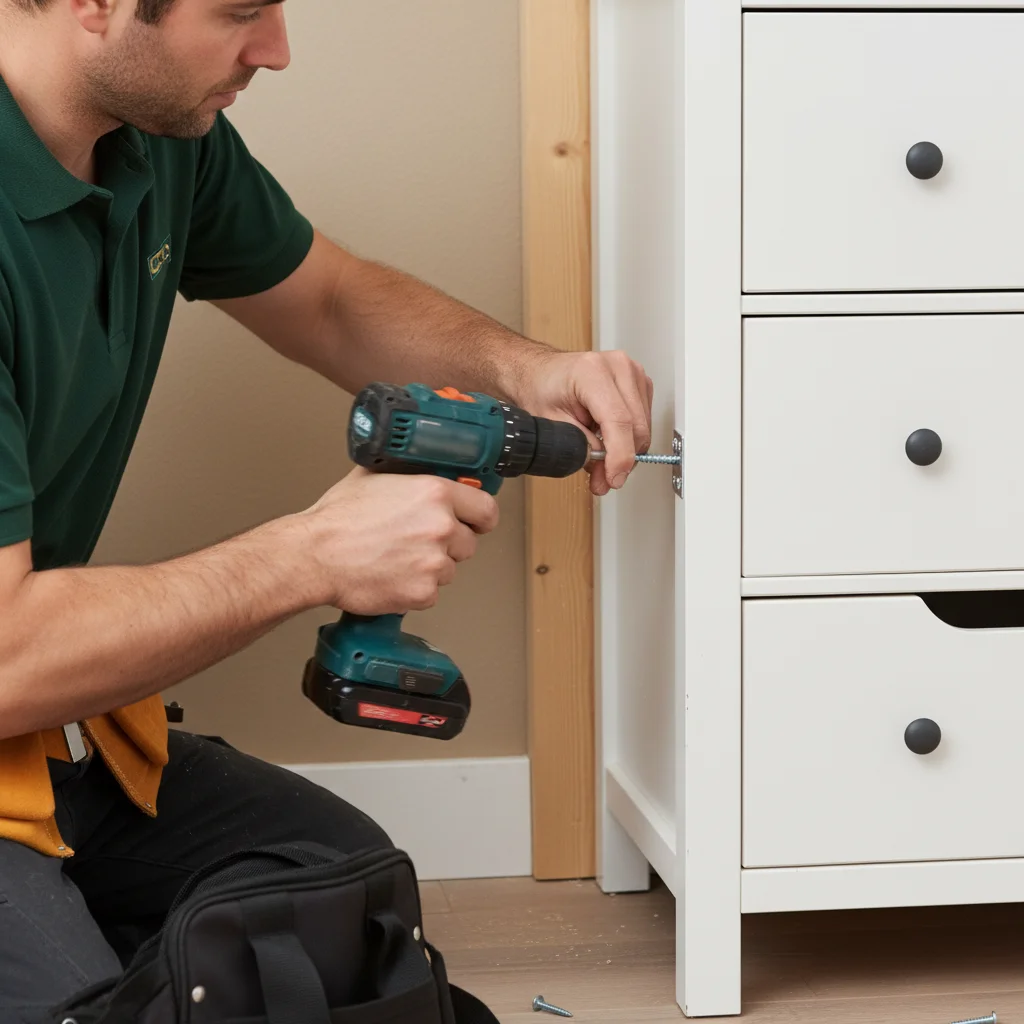 An L-bracket securely anchoring an IKEA dresser to a wall stud.