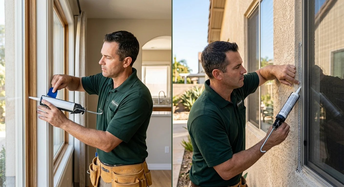 Interior window trim and an exterior stucco-to-frame joint labeled as separate caulking areas