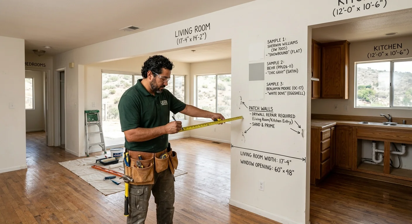 Empty Escondido home with room labels, paint samples, and repair notes