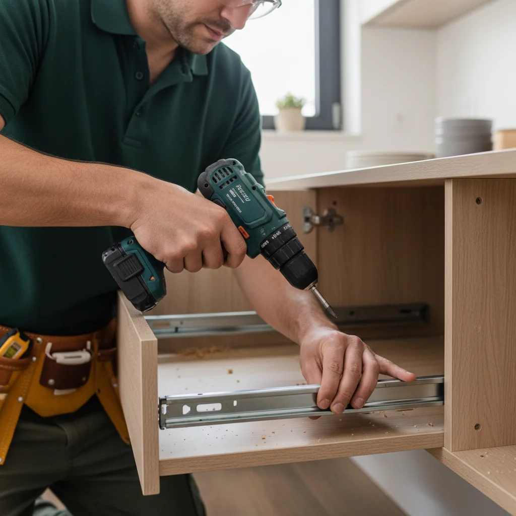 Close-up of an undermount drawer slide being installed inside a kitchen cabinet,