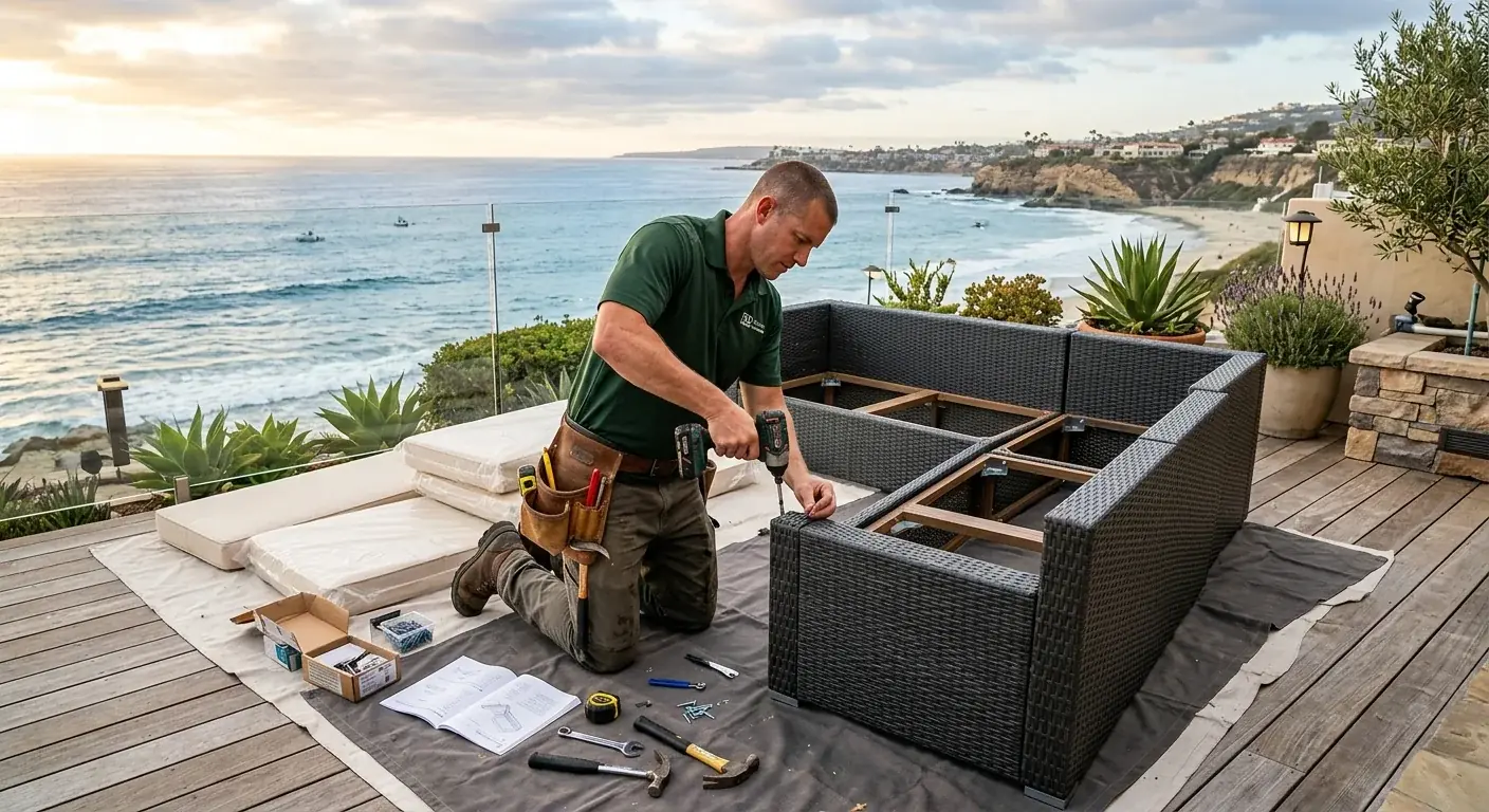 A handyman assembling a modern outdoor sectional sofa on a San Diego patio with ocean views, parts laid out on a drop cloth.