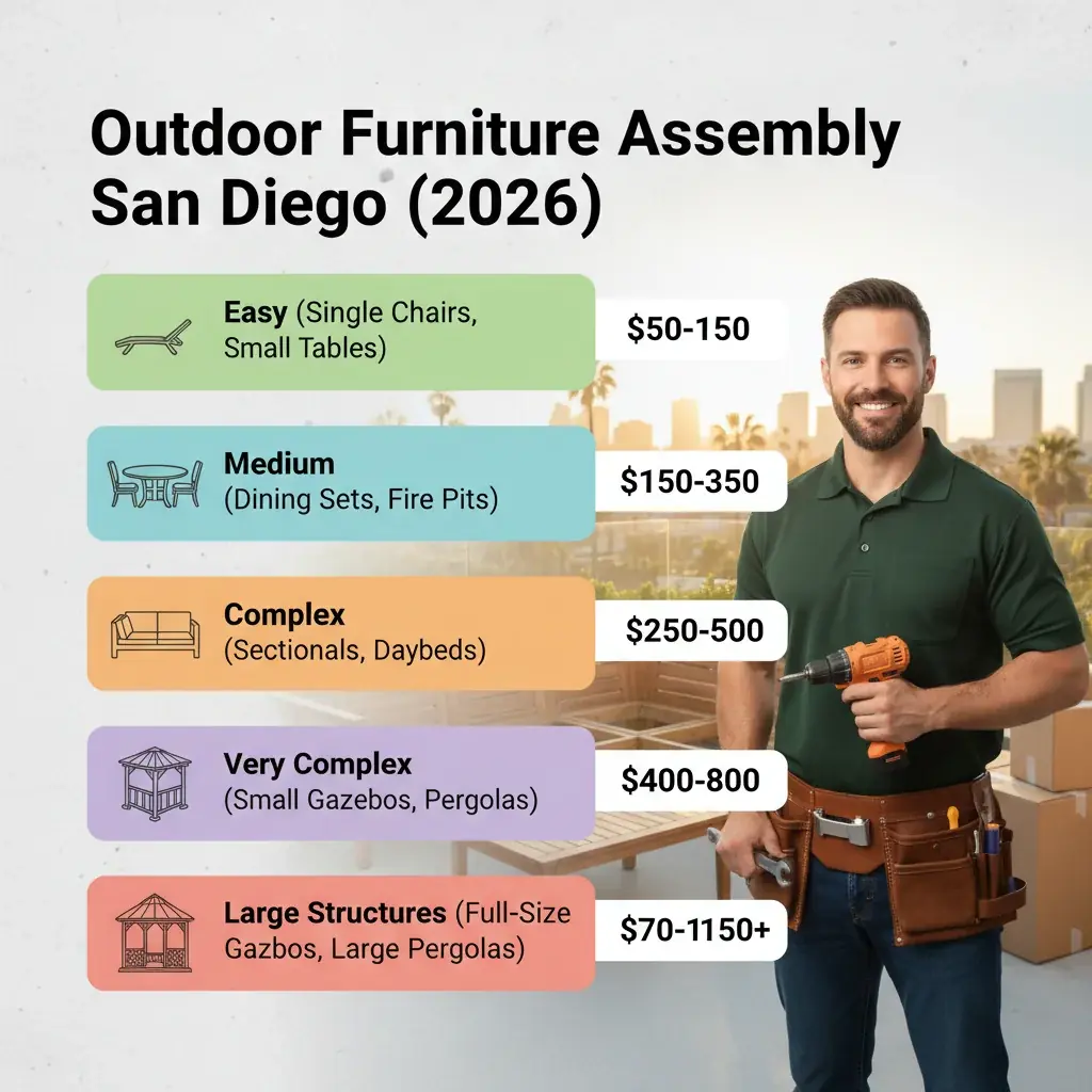 Infographic detailing average outdoor furniture assembly costs in San Diego by item type and complexity, including dining sets, sectionals, fire pits, gazebos, and pergolas.