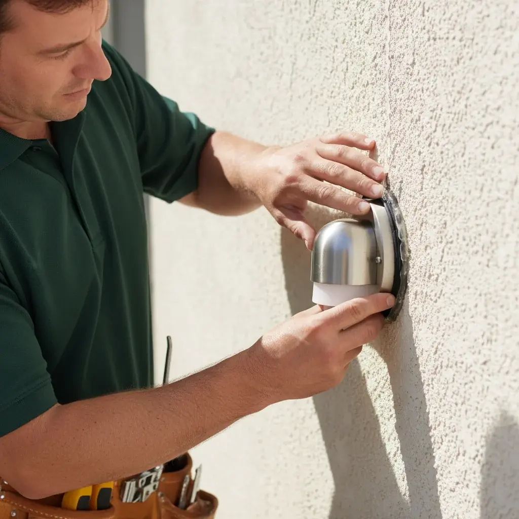 Close-up of a weatherproof gasket and silicone seal behind an outdoor sconce mou