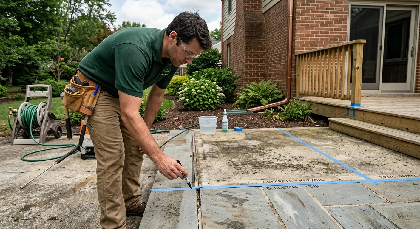 Patio sections marked by surface, stains, joints, and edges