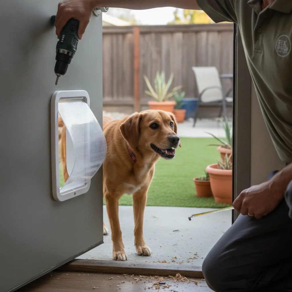 Close-up of a medium dog stepping through a newly installed flap pet door leading to a sunny backyard.