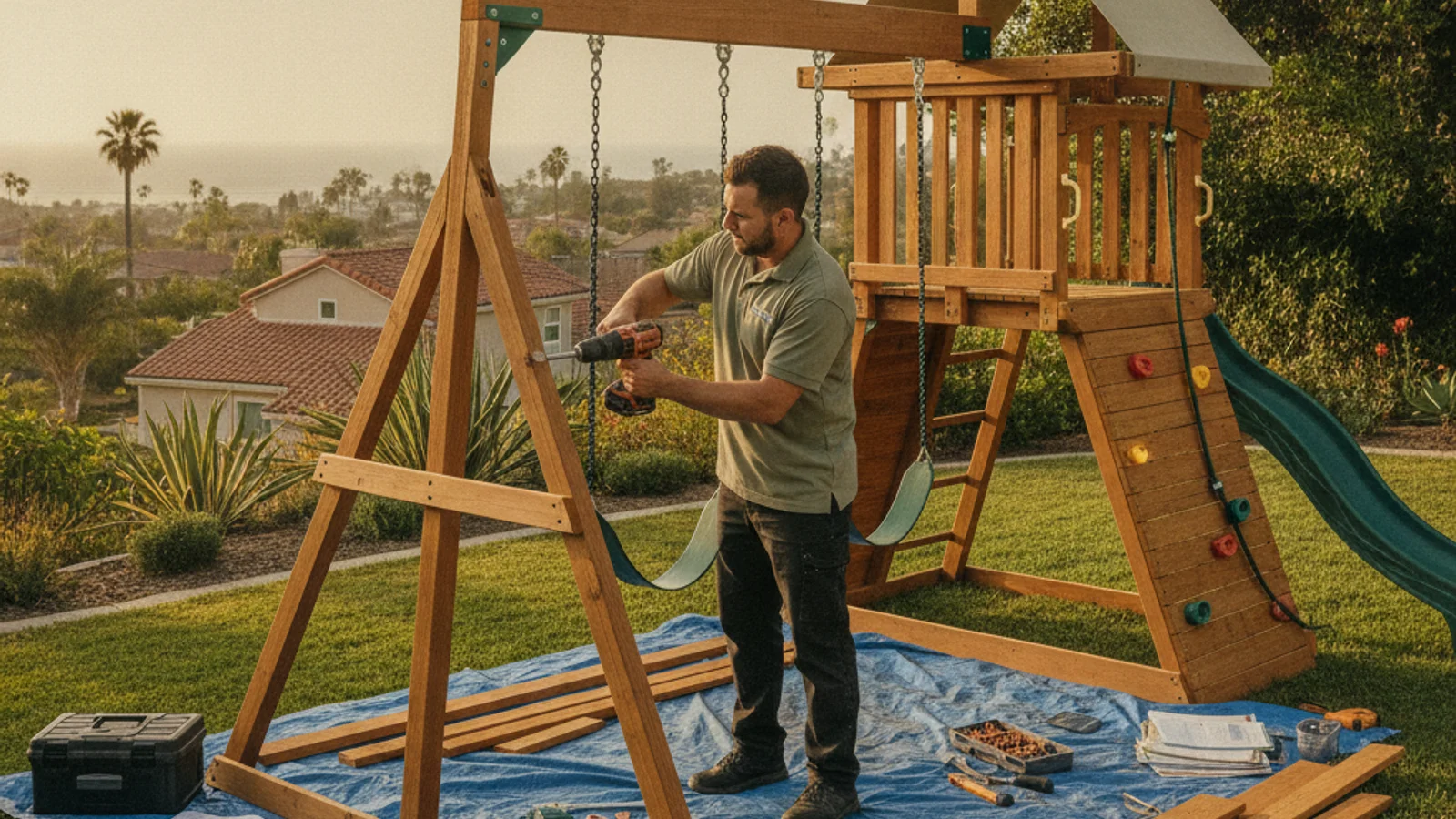 Handyman assembling a wooden swing set and playset in a San Diego backyard