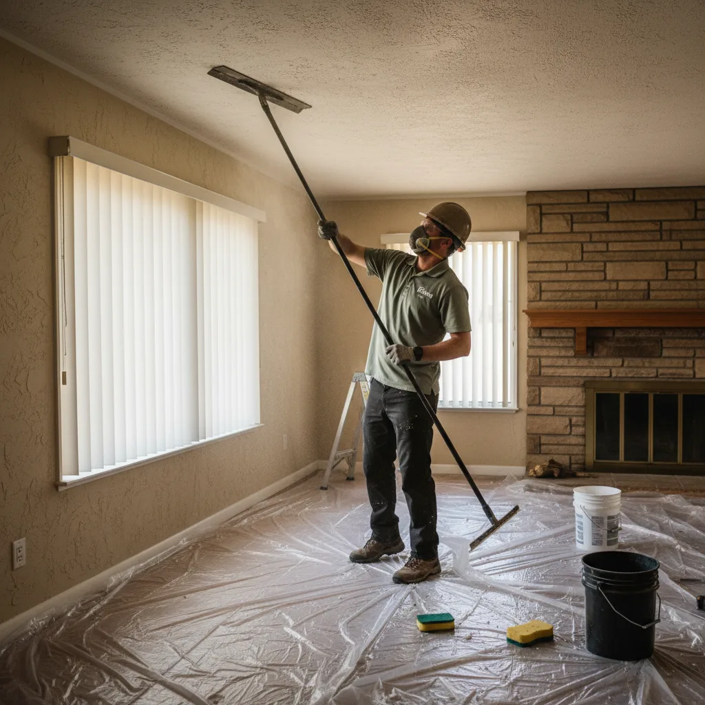 Handyman in protective gear scraping a popcorn ceiling in a 1970s San Diego ranch home with plastic sheeting on the floor