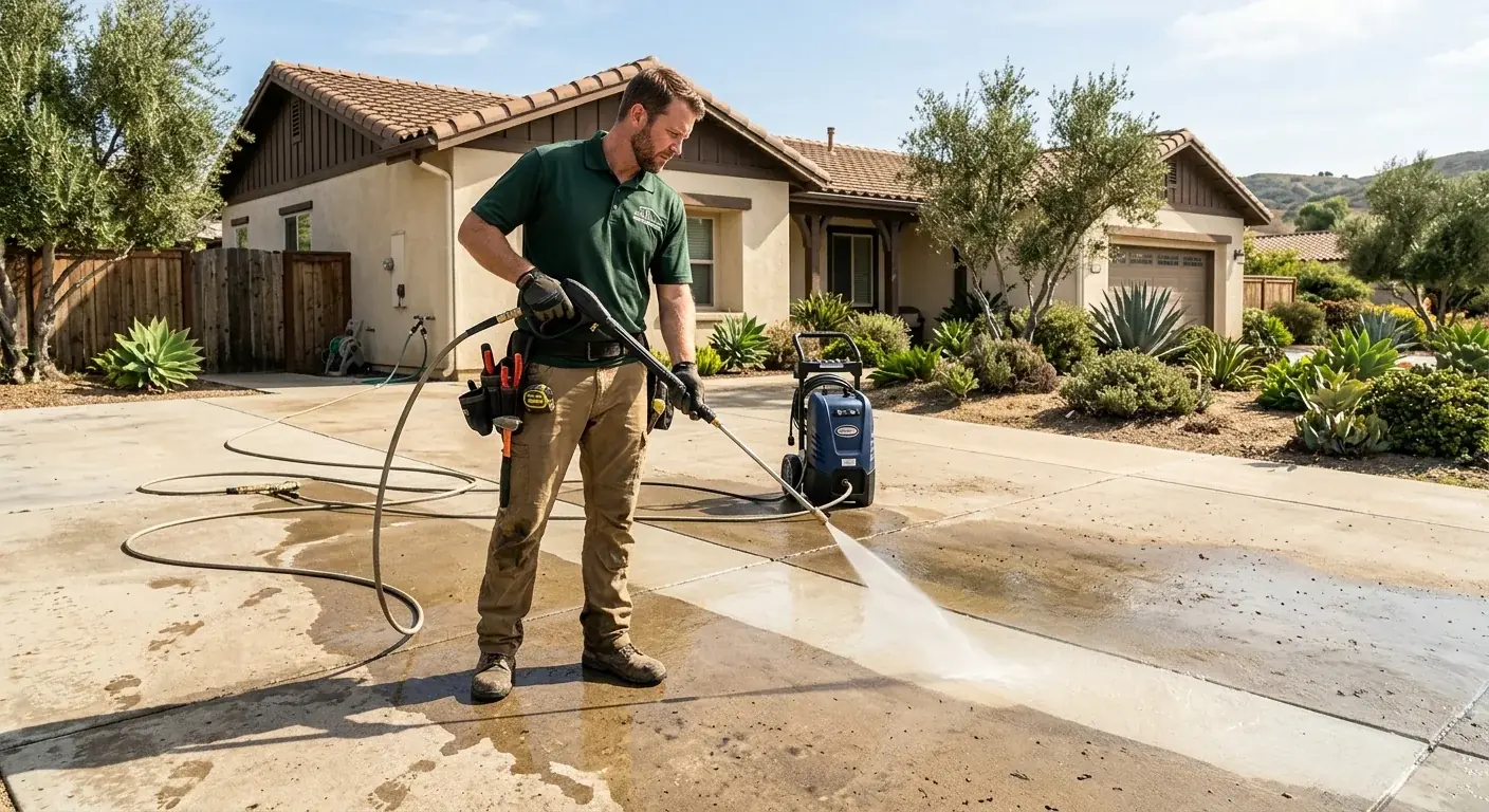 A handyman pressure washing a sun-bleached concrete driveway at a San Diego ranch home, clean stripe visible, late morning light