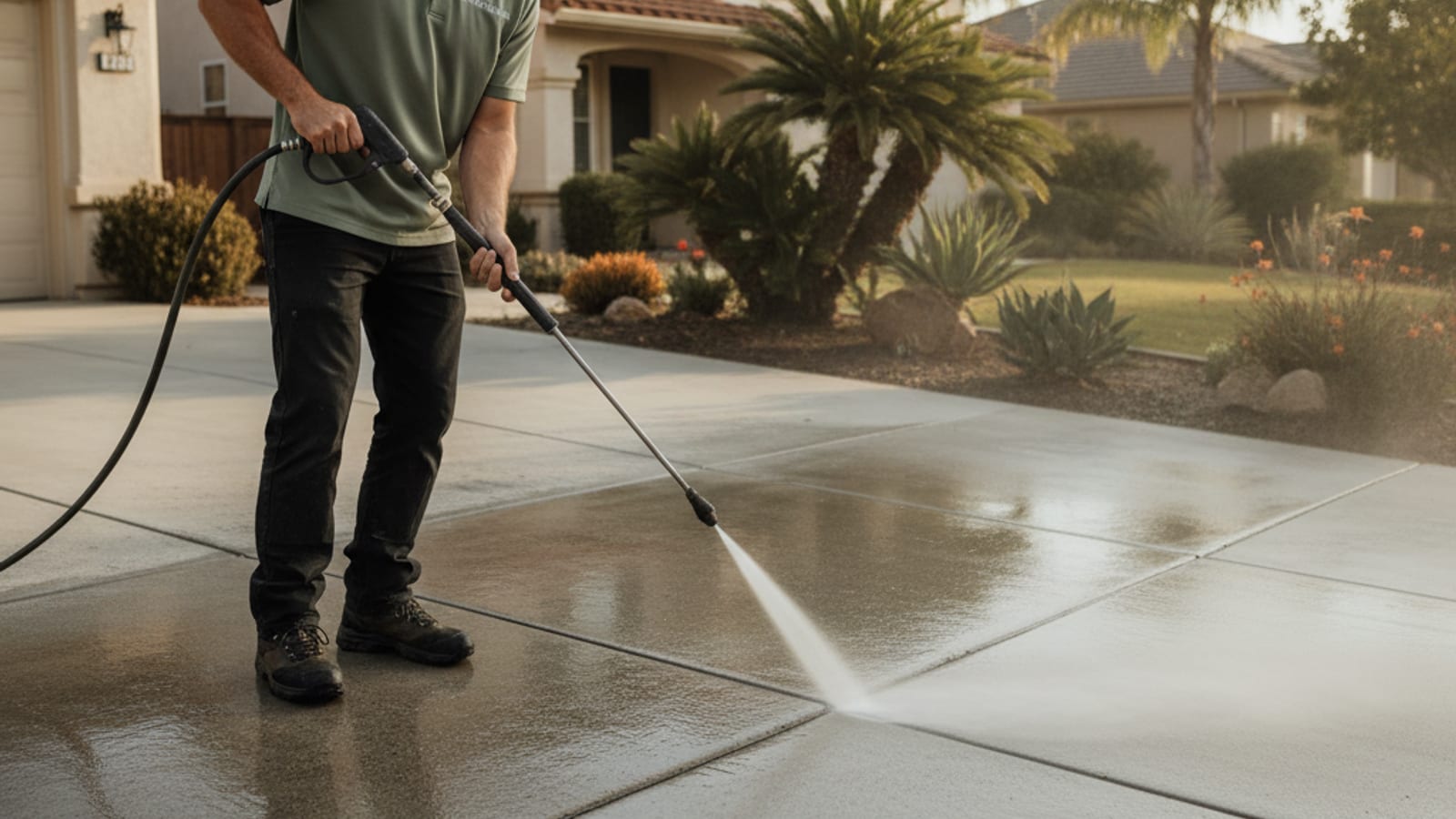 Handyman in sage olive polo pressure washing a concrete driveway at a San Diego home, spray fan visible, clean line dividing washed and unwashed concrete