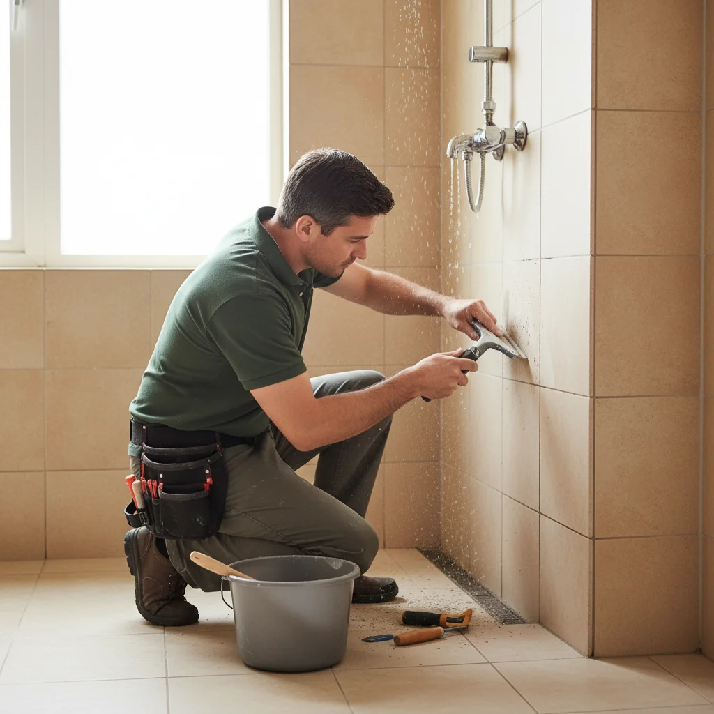 A handyman scraping out old shower grout with a grout saw, tiles in warm beige tones, bright bathroom lighting