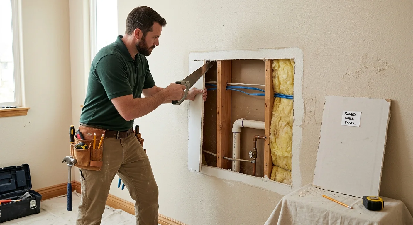 Opened wall section with saved panel and finish notes