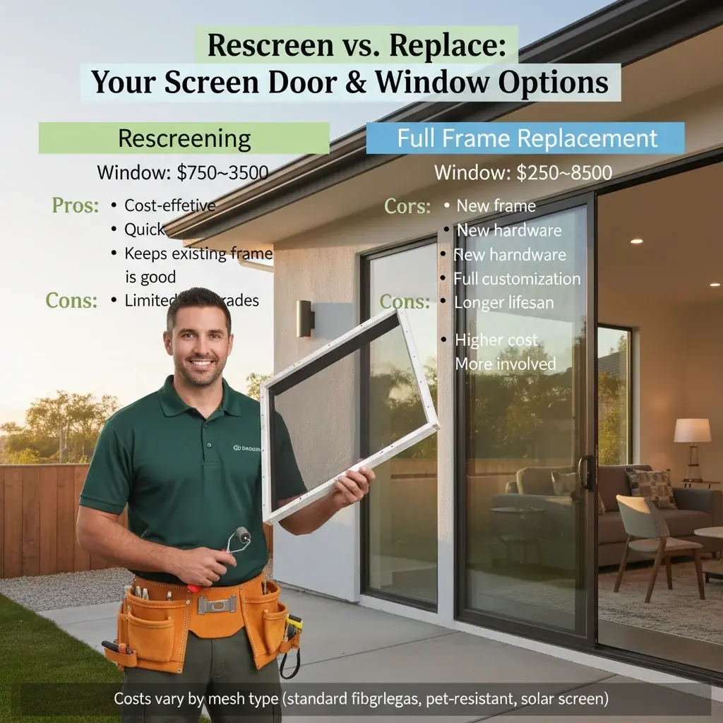 An infographic comparing the estimated costs, pros, and cons of rescreening versus fully replacing a screen door or window frame in San Diego.