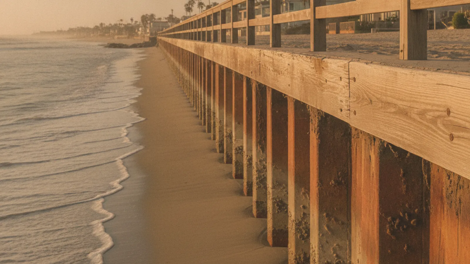 Muro marino residencial de concreto y madera desgastado con tapa superior de madera y barandilla simple a lo largo de una playa tranquila de San Diego en luz cálida de tarde