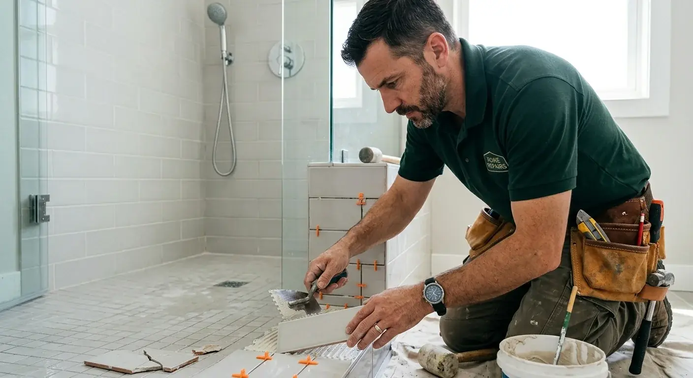 A close-up of a handyman skillfully replacing a single cracked ceramic tile in a clean, modern shower.