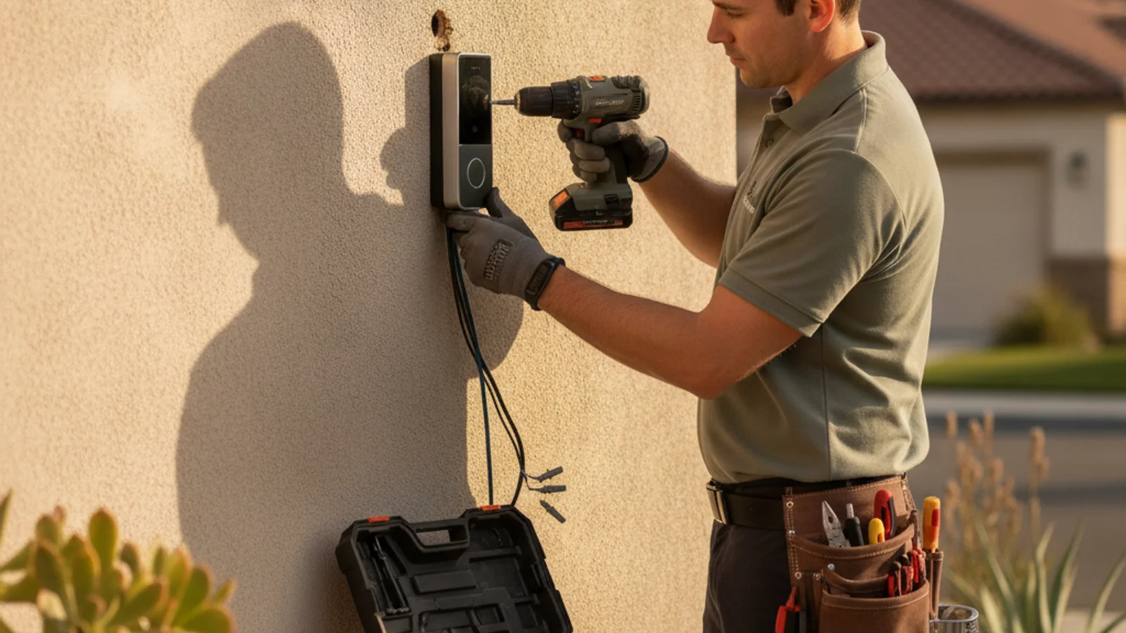 Handyman mounting a smart video doorbell on a stucco exterior wall