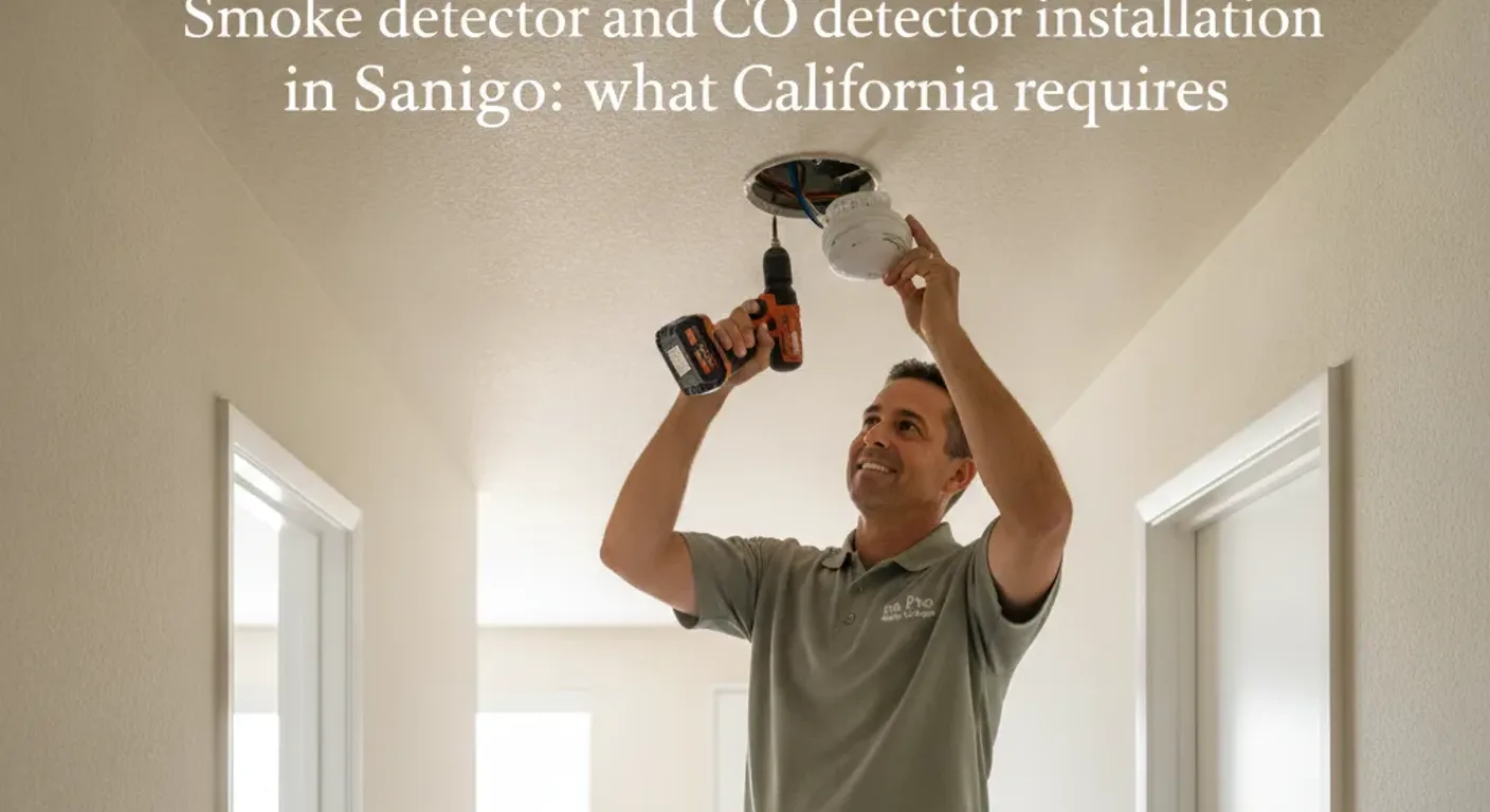 A handyman on a ladder installing a smoke detector on the ceiling of a San Diego home hallway.