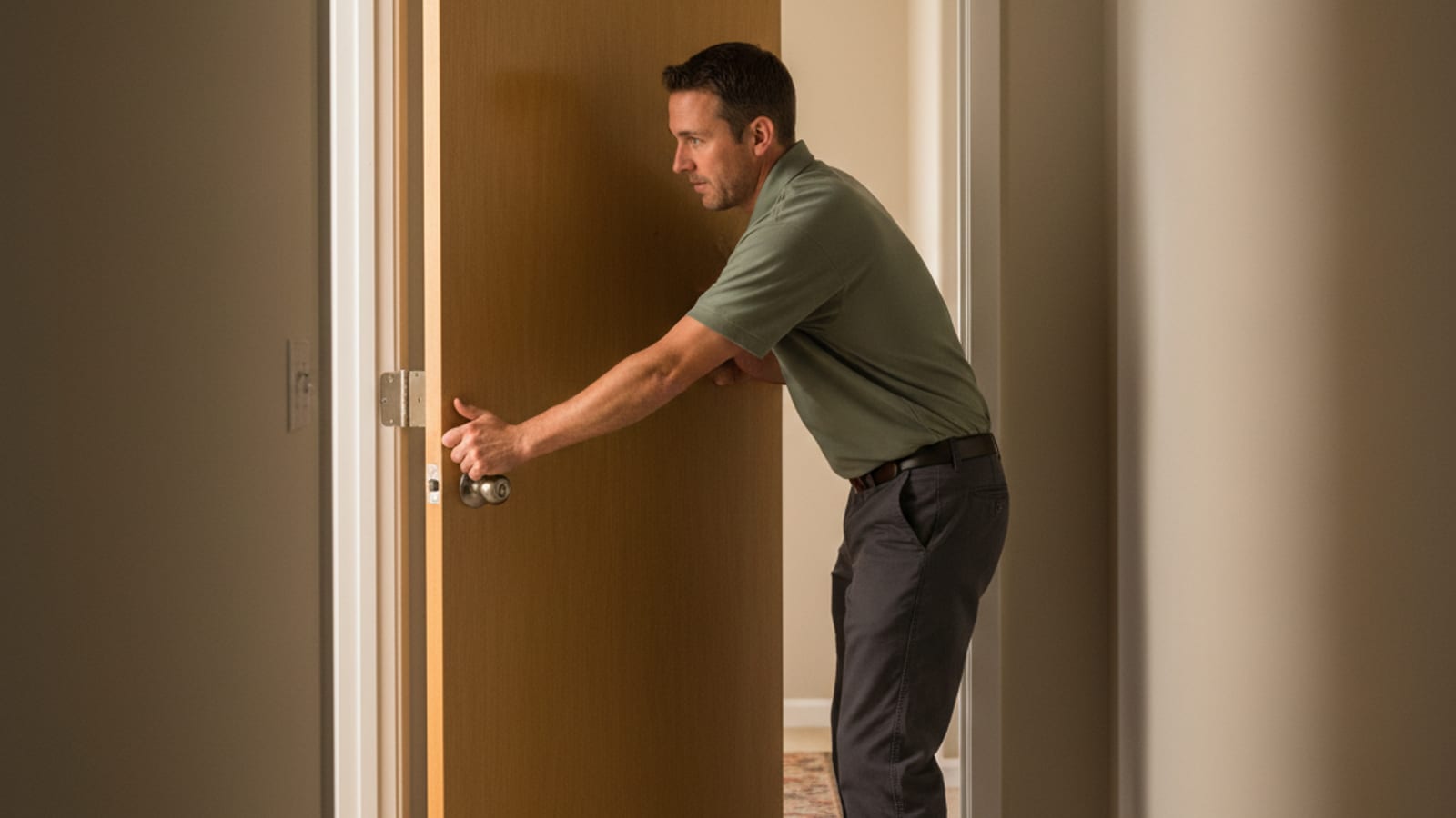 Homeowner pressing a shoulder against an interior door that won't close fully, door frame visible and slightly misaligned at the strike plate