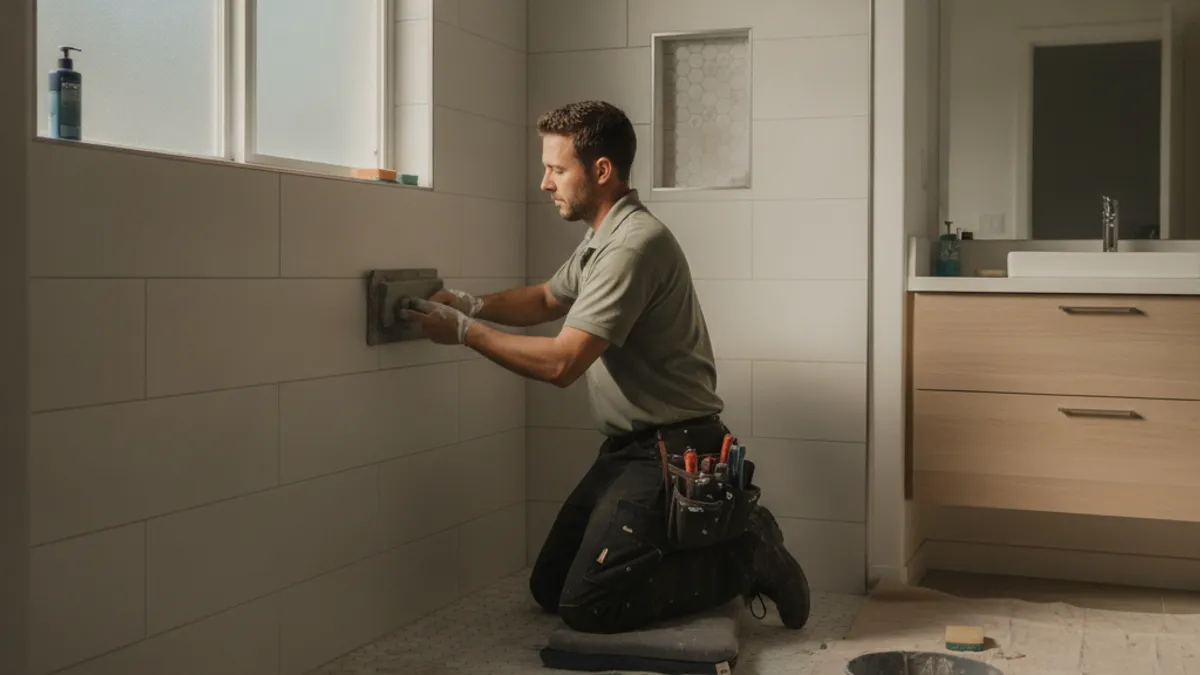 A handyman regrouting tile in a bathroom shower in a Carlsbad home