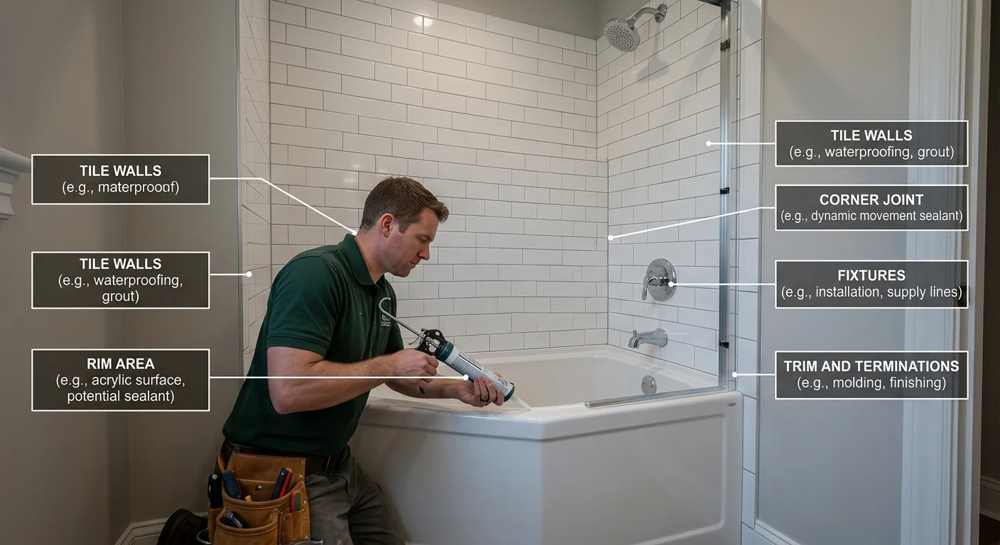 Bathtub surround with rim, corner, fixture, tile, and trim joints labeled