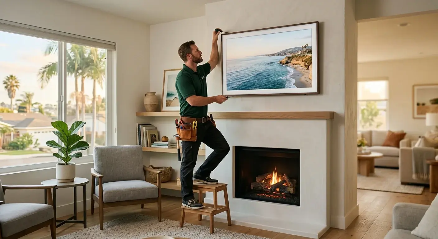 A cleanly mounted TV above a modern stucco fireplace in a San Diego living room, no wires are visible, soft ambient light.
