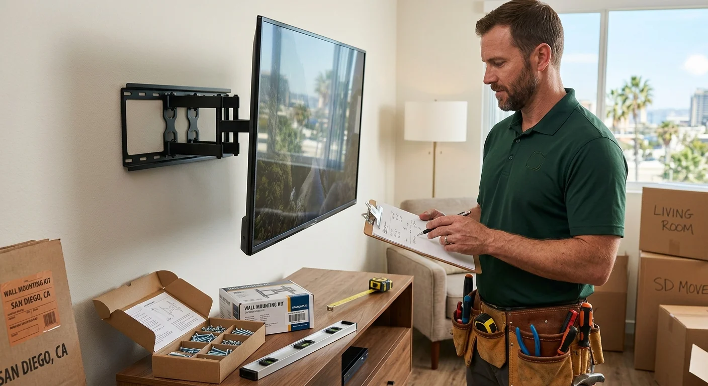 Television and mounting hardware arranged beside room measurements