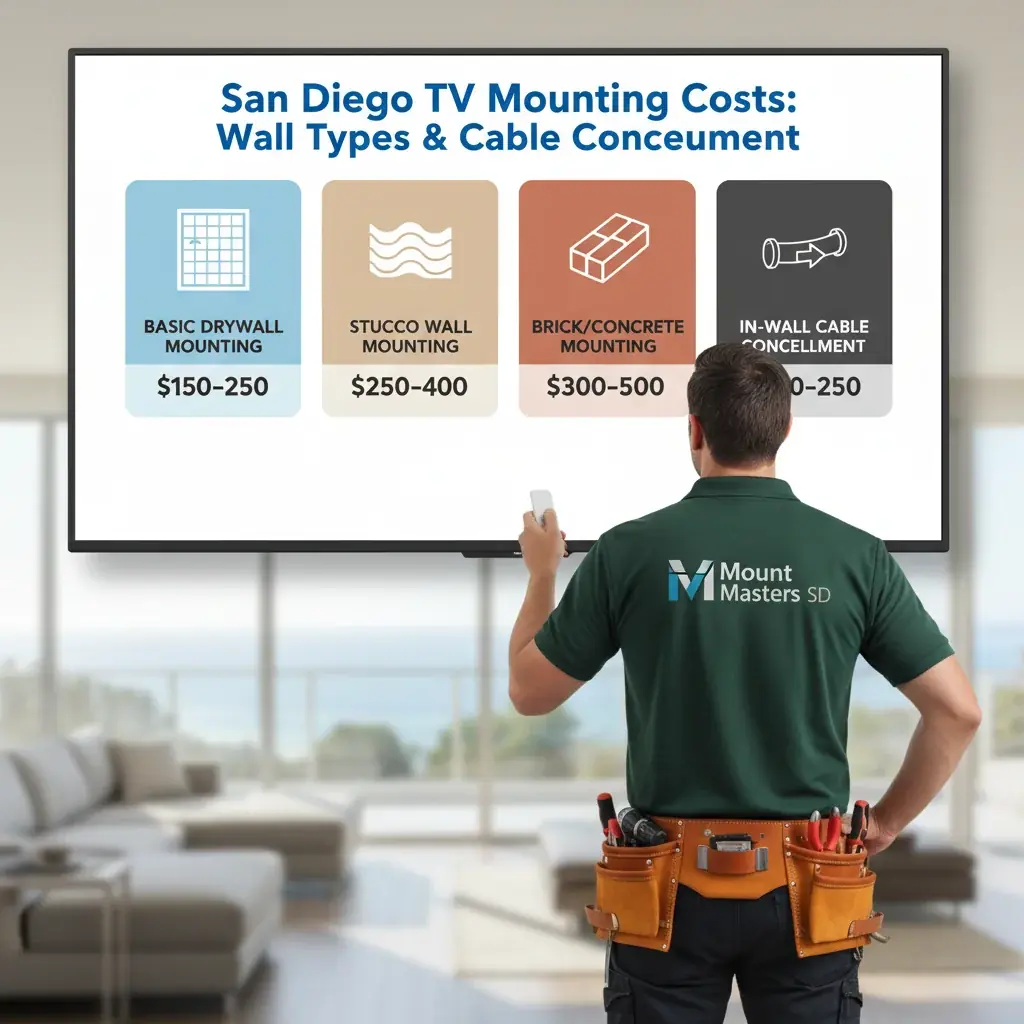 An infographic detailing typical TV mounting costs in San Diego for different wall types and services.