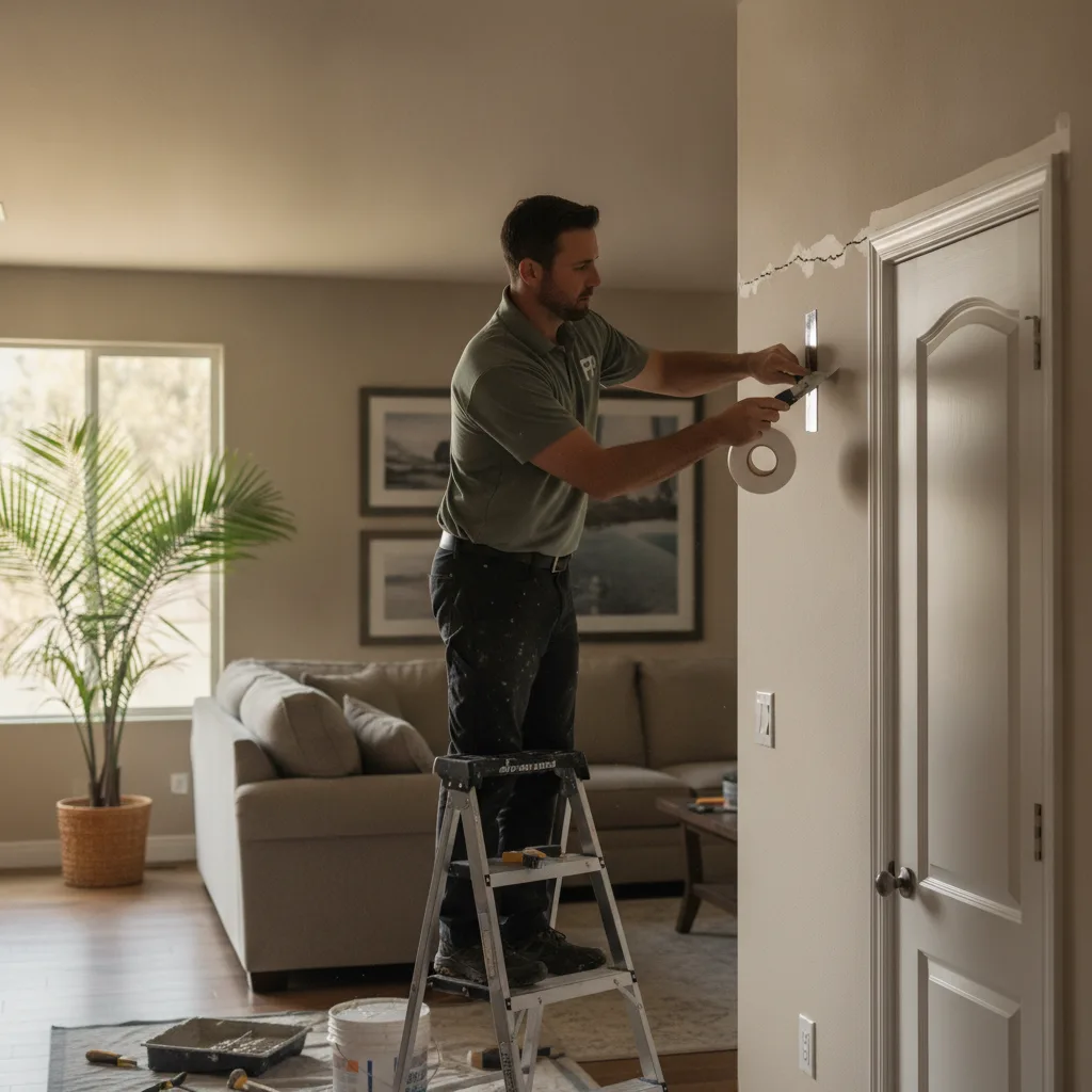 A handyman taping a settling crack above a doorway in a San Diego living room before patching.