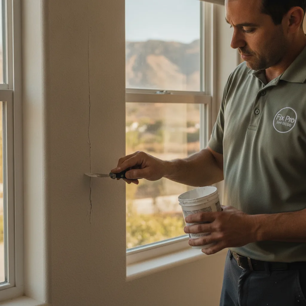 Close-up of a hairline crack running down interior drywall next to a window in a San Diego home.