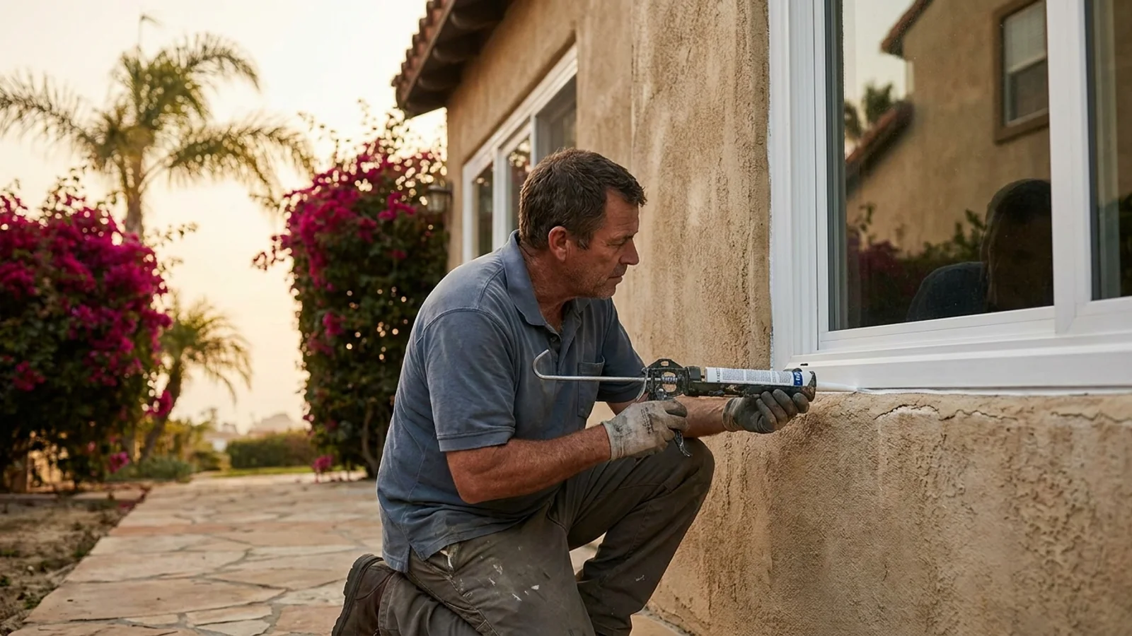 A handyman running a fresh bead of caulk around an exterior window frame of a stucco San Diego home