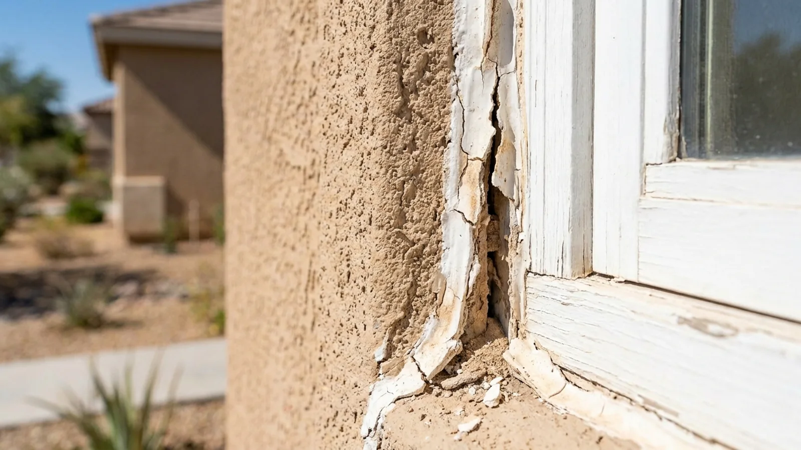 Close-up of cracked, peeling old caulk where a window frame meets stucco