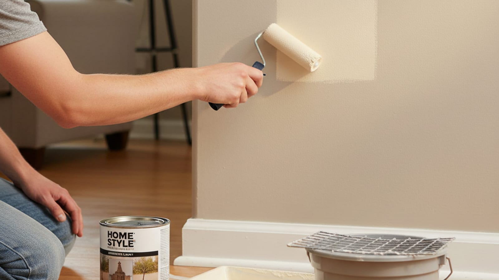 Homeowner using a small foam roller to touch up a paint patch on a living room wall, original paint can on drop cloth nearby