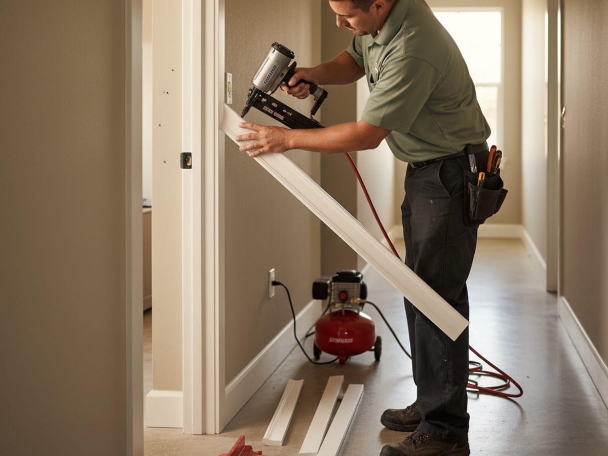 Handyman installing crown molding in a San Diego home interior